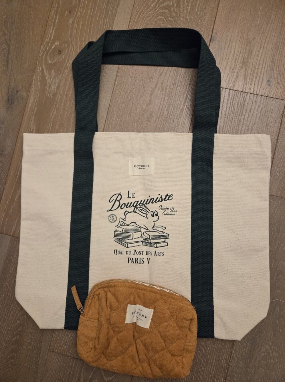Sezane Canvas Tote Bag in Cream with Dark Green Straps With Makeup Bag - New